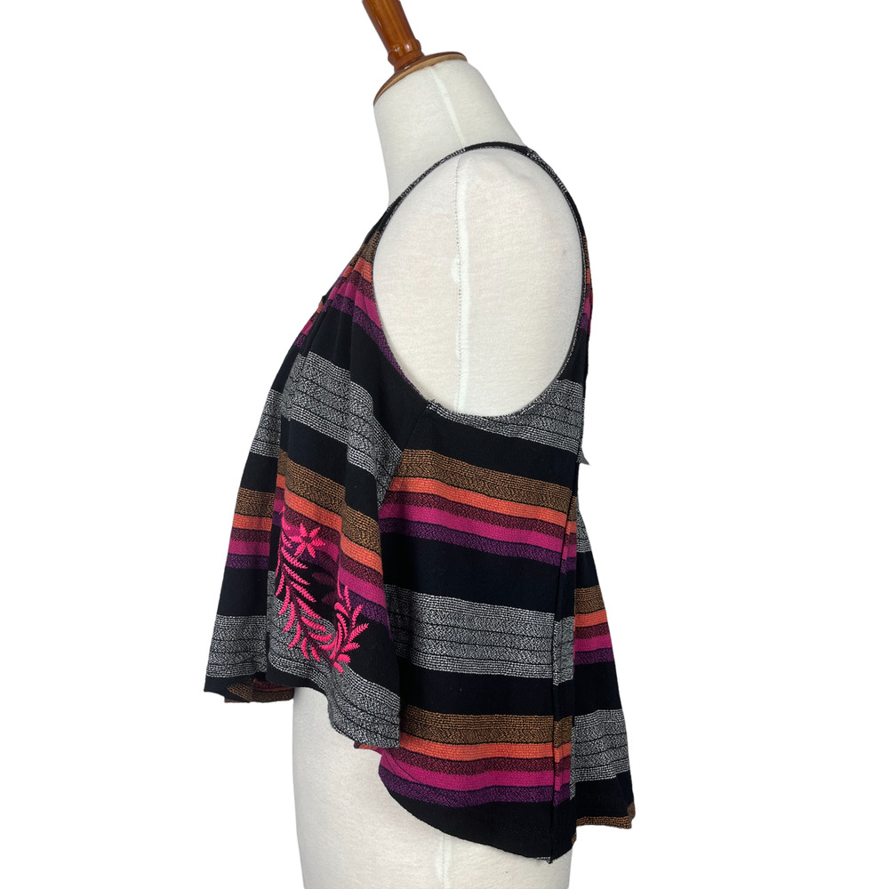 Free People Black Combo Stripe Embroidered Tank Shirt Size XS - Picture 4 of 14